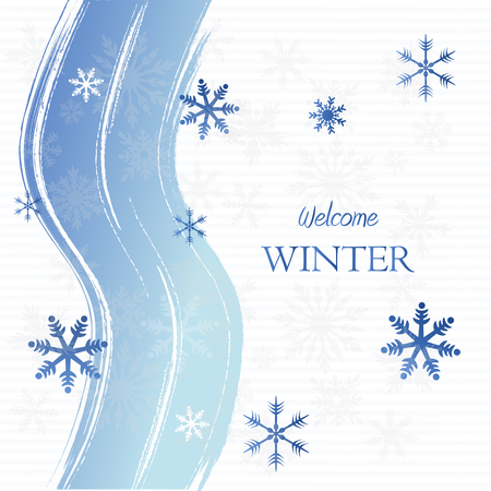 welcome winter - text with curved lines over light blue background with snowflakes, seasonal concept card, vectorのイラスト素材
