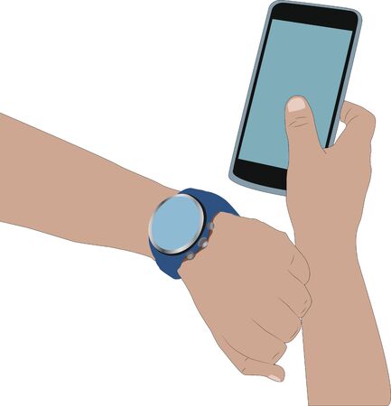 SMart watch connecting with mobile phone hands flat illustration cloud backgroundの写真素材