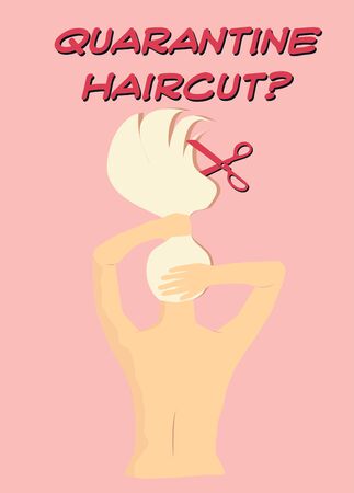 Desperate young woman holding hair up trying tu cut long blond hair at home, Quarantine haircut? sign conceptのイラスト素材
