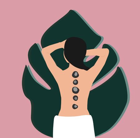 Young brunette naked woman enjoying relaxation hot stones massage on big green tropical leaf pink backgroundのイラスト素材