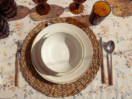Top view to set up table with vintage ceramic dishes