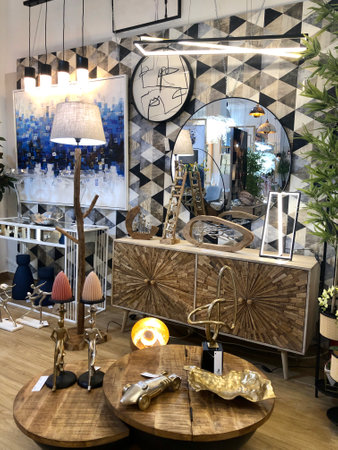 Alicante, Spain - May, 2023: Exposition of decorative goods in luxury furniture shop. High quality photoのeditorial素材