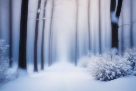 Forest covered by white snow landscape blurry background. AI generatedの素材