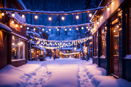Snow on night urban street and lights garland. AI generatedの素材