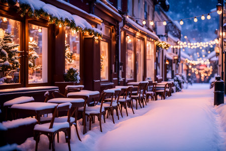 Snow on night urban street and lights garland above cafeteria. AI generatedの素材