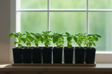 Green baby basil plant grow up in kitchen. AI generatedの素材