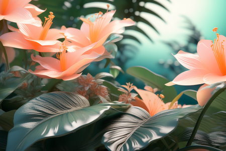Tropical leaves and colorful flowers background. HAI generatedの素材