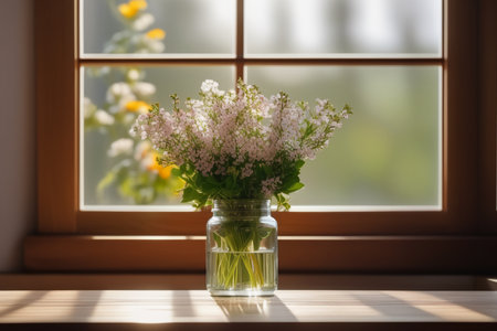 Small white flowers on morning light in window. Ai generatedの素材