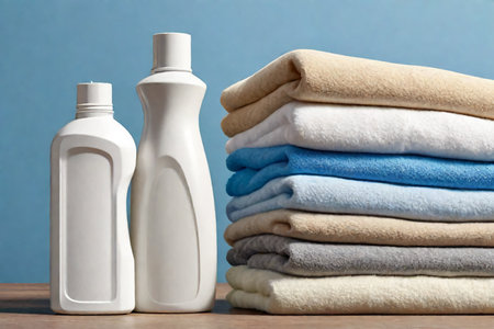 White plastic battle for washing liquid and stacked clean linen laundry room, minimalist styleの素材