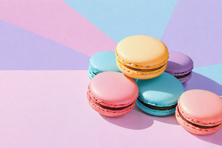 Colorful macarons desert soft pastel color on abstract geometric background, copy space on left sideの素材