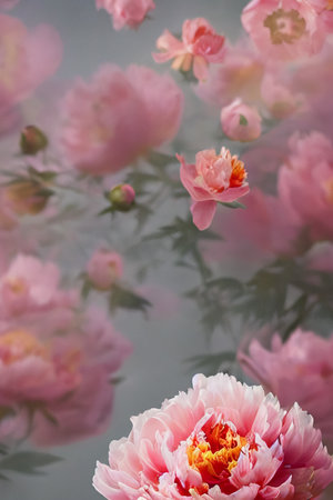 Beautiful peach pink peony flowers painting wallpaperの素材