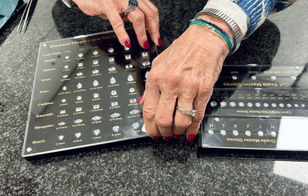 Madrid, Spain - March 29, 2025: Mature lady hands showing samples of diamond cut and shape in classroomの写真素材