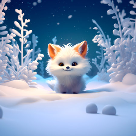 3D rendering of a cute white fox in winter forest with snowの素材