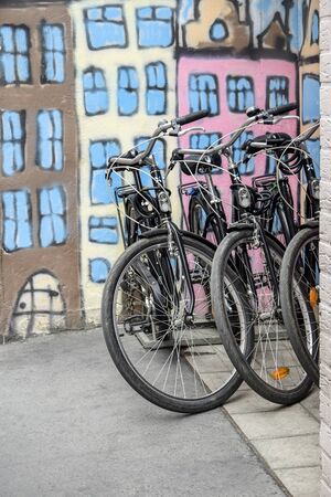 Budapest, Hungary - may, 2019: Bicycle rental in one of the streets of the city. Cityscape.のeditorial素材