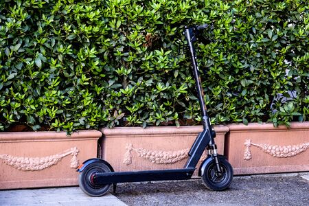 Black electric scooter stand near a green Bush against a background of pink concrete pots. Passion...