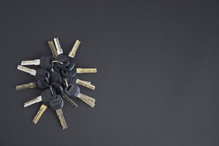 lot of shiny metal keys for the door held together using the ring on black background with empty...