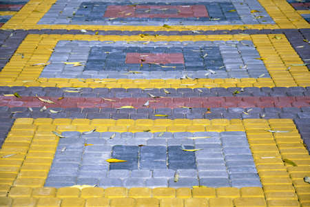 Fallen leaves on sidewalk. Footpath lined with colorful tiles. Selective focus.
