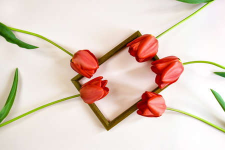 Fresh red tulips and brown wooden frame on light pink background. Top view. Close-up. Copy space. Selective Focus.の写真素材