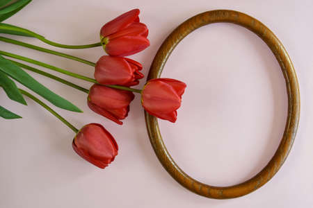 Fresh red tulips and oval brown wooden frame on light pink background. Top view. Copy space. Selective focus.の写真素材
