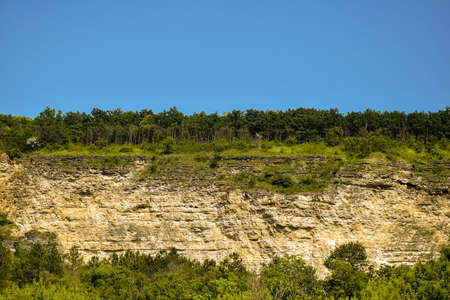 Cliff of ancient calcareous rocks, overgrown with forest, against blue sky. Sedimentary Cretaceous rocks of seabed. Horizontal photo. Copy space. Selective focus.の写真素材