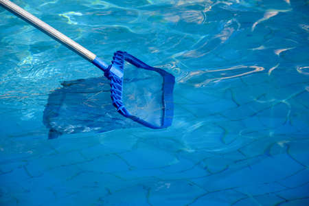 Cleaning pool from garbage with special net. Clear water with blue tint. Concept of hygiene and...