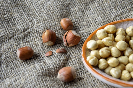 Ripe filbert kernels and hazelnuts in a shell on burlap background. Health nutrition. close-up. copyspace. Shallow depth of field. selective focus.の写真素材
