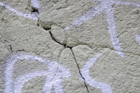 Big winding bifurcating crack on old painted plastering wall. copyspace. selective focus.