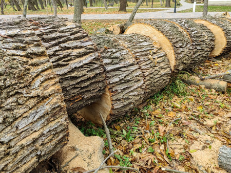 Cleaning City Park from old trees. Trunk of poplar tree, sawn into pieces. Preparation of wood for chopping firewood. Large logs with annual rings are tumbled to the ground. close-up. selective focus.の写真素材