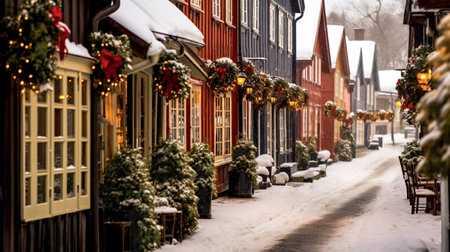 A town cozy street with beautiful houses decorated for Christmas. Winter seasonal holiday, festive background. Merry Christmas and happy New Year concept.の素材