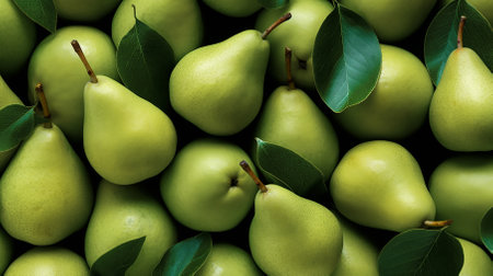 Natural background of fresh ripe green pears with leaves. Full frame. A quality product. Healthy eating. Close-up.の素材