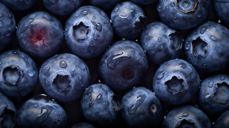 Natural background of fresh ripe blueberries with drops of water. Full frame. A quality product. Healthy eating. Close-up.の素材