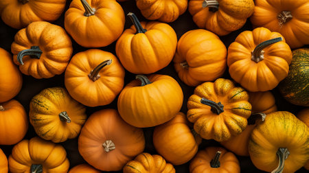 Natural background of fresh ripe orange and yellow pumpkins of different shapes and sizes. Full frame. A quality product. Healthy eating. Preparing for Halloween. Close-up.の素材