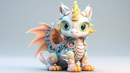 Cute robot dragon, pastel colors, 3D illustration. Copy space.の素材