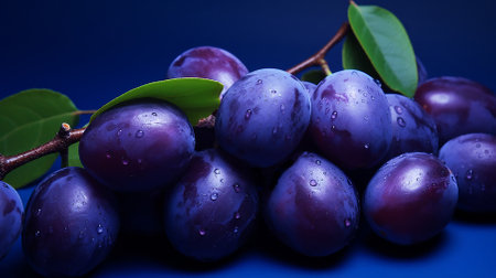 Natural fresh blue plum with a purple hue with drops of water, on a twig with leaves, on a blue background. A quality product. Healthy eating. Studio shooting. Close-up.の素材