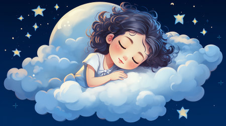 A cute little girl is sleeping in the sky on clouds. Her face is calm and peaceful. She has beautiful dreams. The starry sky. Cartoon style. Close-up.の素材