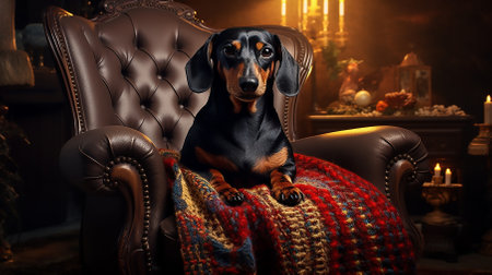 The Dachshund is located on a warm blanket, in an armchair, in a cozy home environment. Relaxation, peace and relaxation after a walk. Burning candles in the background. Close-up. Copy space.の素材
