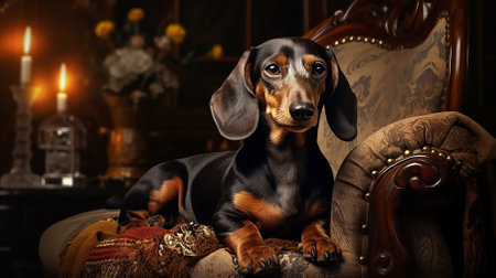 The Dachshund is located on a warm blanket, in an armchair, in a cozy home environment. Relaxation, peace and relaxation after a walk. Burning candles in the background. Close-up. Copy space.の素材