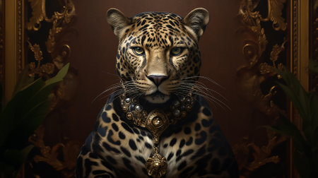 Portrait of a leopard with expensive jewelry, in a luxurious setting in the style of surrealism. Close-up. Copy space.の素材