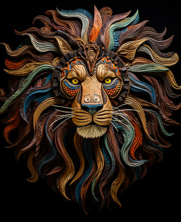 Portrait of a lion with a big beautiful mane - made of patchwork leather scraps. Each leather fragment is arranged, creating a picturesque combination of colors, textures and shades. Close-up.の素材