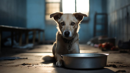 A sad mongrel young dog with a chain on his collar is located next to a large stainless steel bowl. Taking care of animals. Close-up. Copy space.の素材