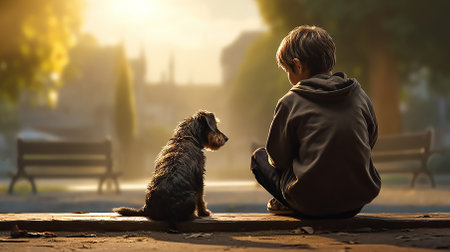 A boy with a dog is sitting in the city square. Early morning. Caring for animals and affection. Copy space.の素材