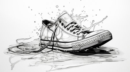 Sketch one rubber sneakers in a puddle with splashes of water on a white background. Black and white. Close-up. Copy space.の素材