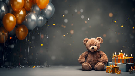 A toy teddy bear with gifts and balloons on a gray background. The concept of birthday greetings, for boys. Brutal style. Copy space.の素材