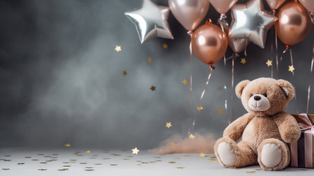 A toy teddy bear with gifts and balloons on a gray background. The concept of birthday greetings, for boys. Brutal style. Copy space.の素材