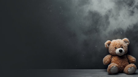 A toy lonely teddy bear on a gray background. Brutal style. The concept of loneliness. Copy space.の素材