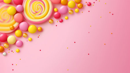 Sweet caramel candies of different shapes and sizes on a pink background. A place for congratulations. Close-up. Copy space.の素材