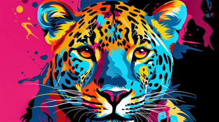 Portrait of a leopard in the style of pop art. The power and strength of a beautiful predator. Expressive look. Bright, saturated colors. Copy space. Close-up.の素材