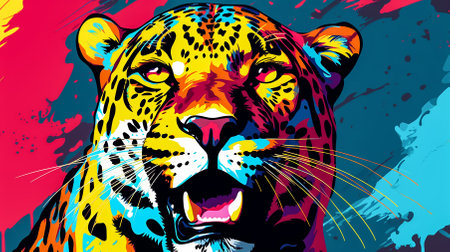 Portrait of a leopard in the style of pop art. The power and strength of a beautiful predator. Expressive look. Bright, saturated colors. Copy space. Close-up.の素材