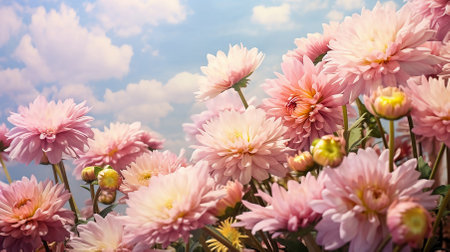 Pink asters growing in nature against a bright blue sky with small fluffy clouds. Close-up of pink flowering plants. Copy space.の素材