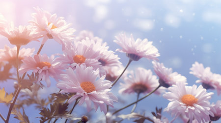 White asters growing in nature against a bright blue sky with small fluffy clouds. Close-up of white flowering plants. Copy space.の素材